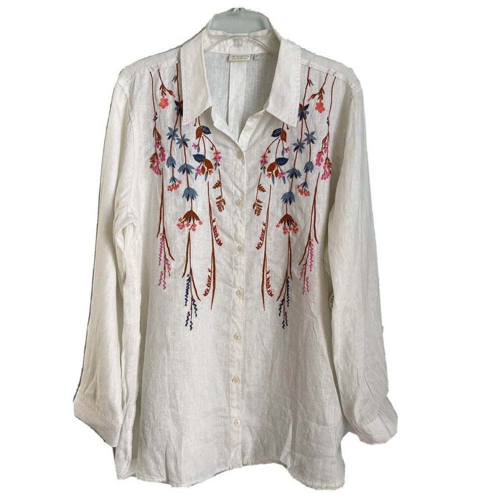 Spartina 449 White Embroidered Ada Linen Tunic Oyster Factory Field Flow…